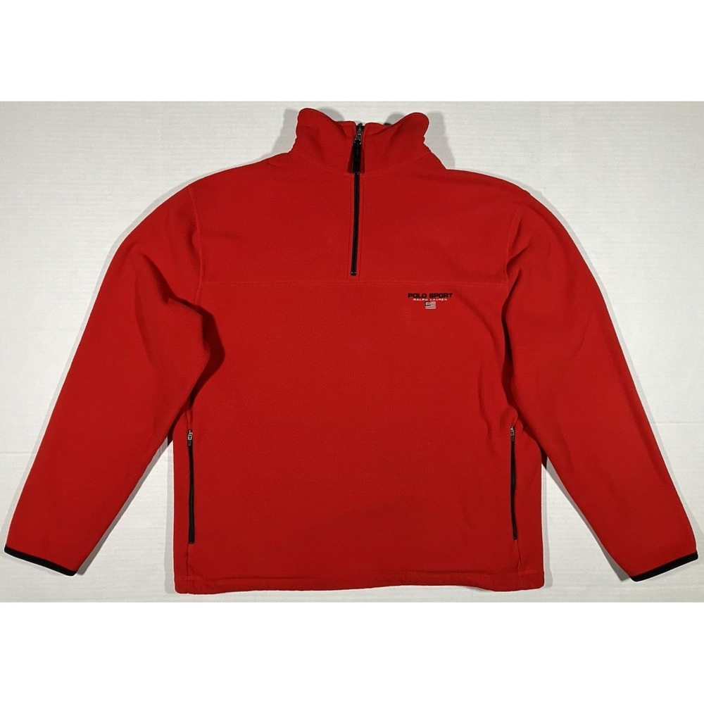 Polo Sport Jacket Ralph Lauren Pullover Red 1/4 Zip Fleece VTG 90s Mens Size L